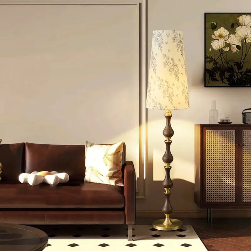Traditional Vintage Printed Fabric Shade Copper Solid Wood Base 1-Light Standing Floor Lamp For Bedroom