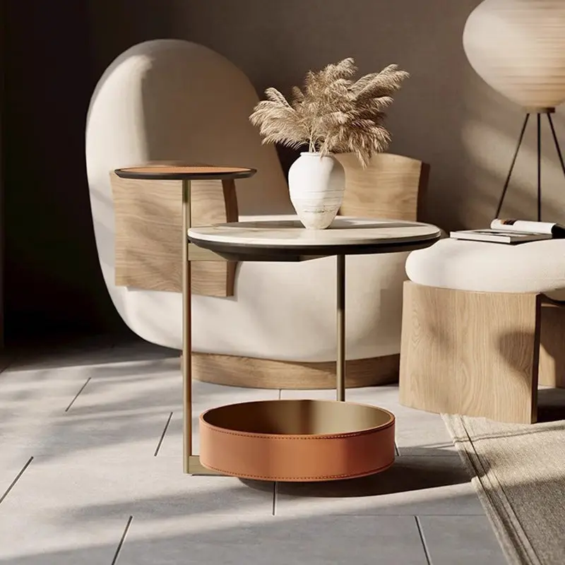 Contemporary Creative Round Cylinder Saddle Leather Marble Metal Side Table 2-Tier For Living Room
