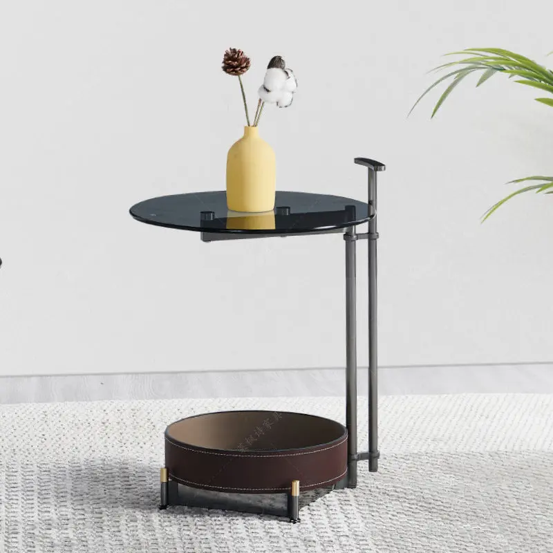 Contemporary Scandinavian Round Cylinder Metal Glass Faux Leather Side Table 2-Tier For Living Room