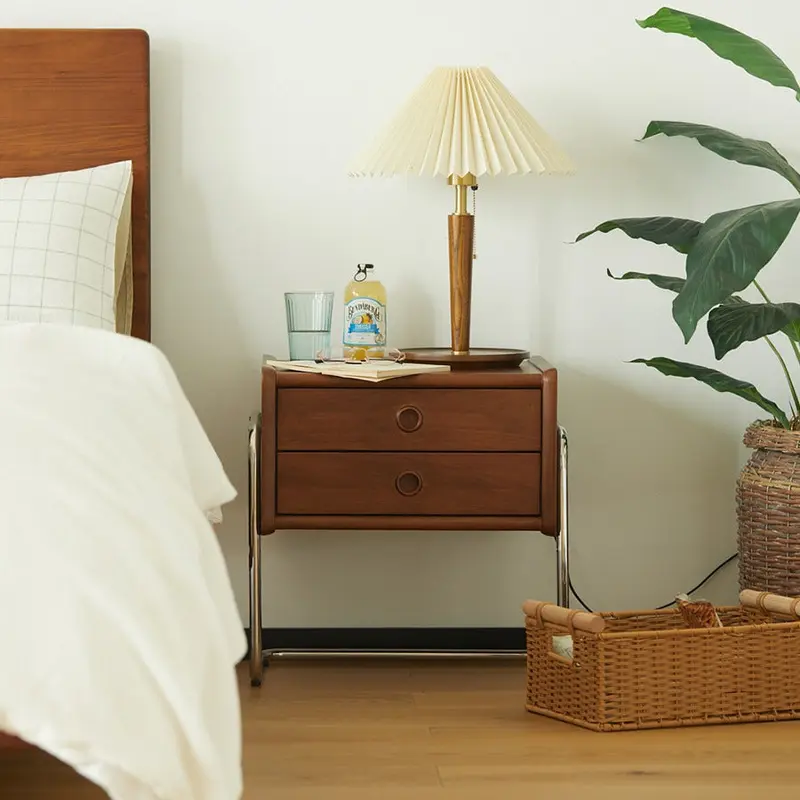 Traditional Vintage Square Wood Stainless Steel Nightstand 2-Drawer For Bedroom