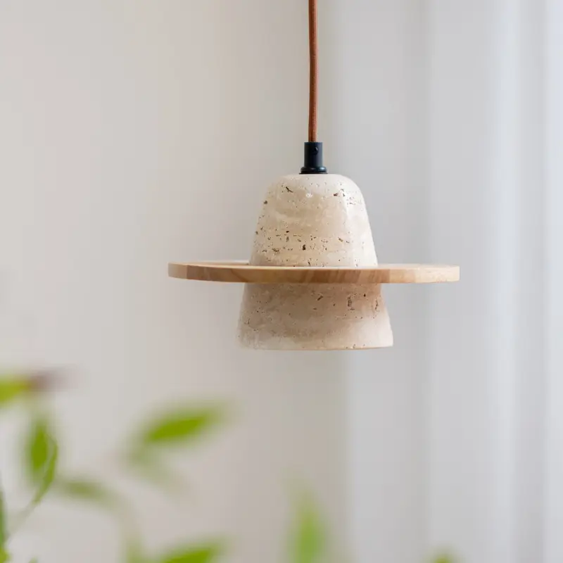 Traditional Vintage Solid Wood Yellow Travertine Flying Saucer 1-Light Pendant Light For Living Room