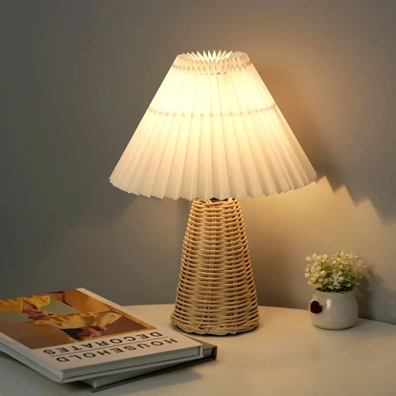 Contemporary Boho Pleated Drum Fabric Rattan LED Table Lamp For Bedroom