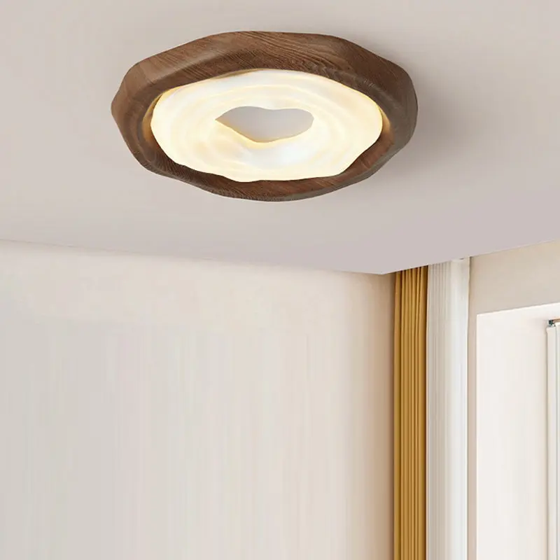 Traditional Vintage Woodgrain Round Iron PE LED Flush Mount Ceiling Light For Bedroom