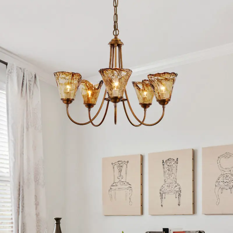 Traditional Vintage Round Prismatic Copper Glass 5/6 Light Chandelier For Living Room