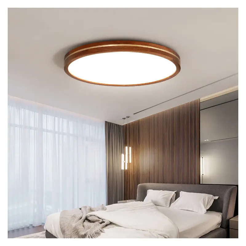 Traditional Chinese Round Acrylic Wood Brass LED Flush Mount Ceiling Light For Bedroom