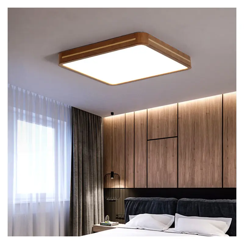 Traditional Chinese Square Rectangle Acrylic Wood Brass LED Flush Mount Ceiling Light For Living Room