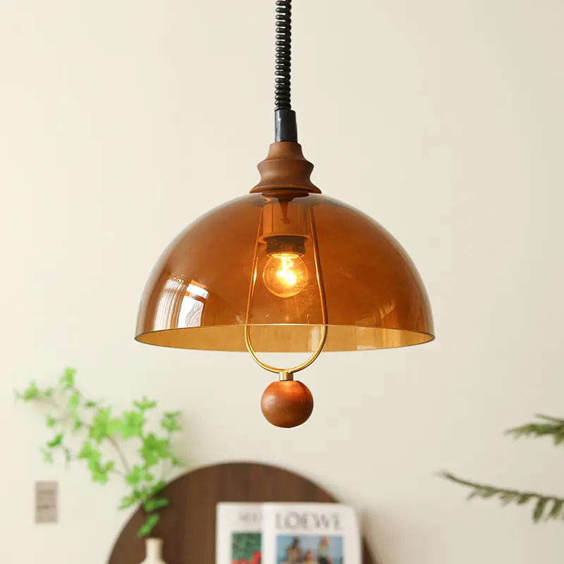 Traditional Vintage Dome Liftable Iron Acrylic Wood 1-Light Pendant Light For Dining Room