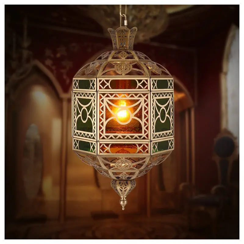 Traditional Vintage Muslim Hexagonal Prism Copper Glass 1-Light Pendant Light For Dining Room