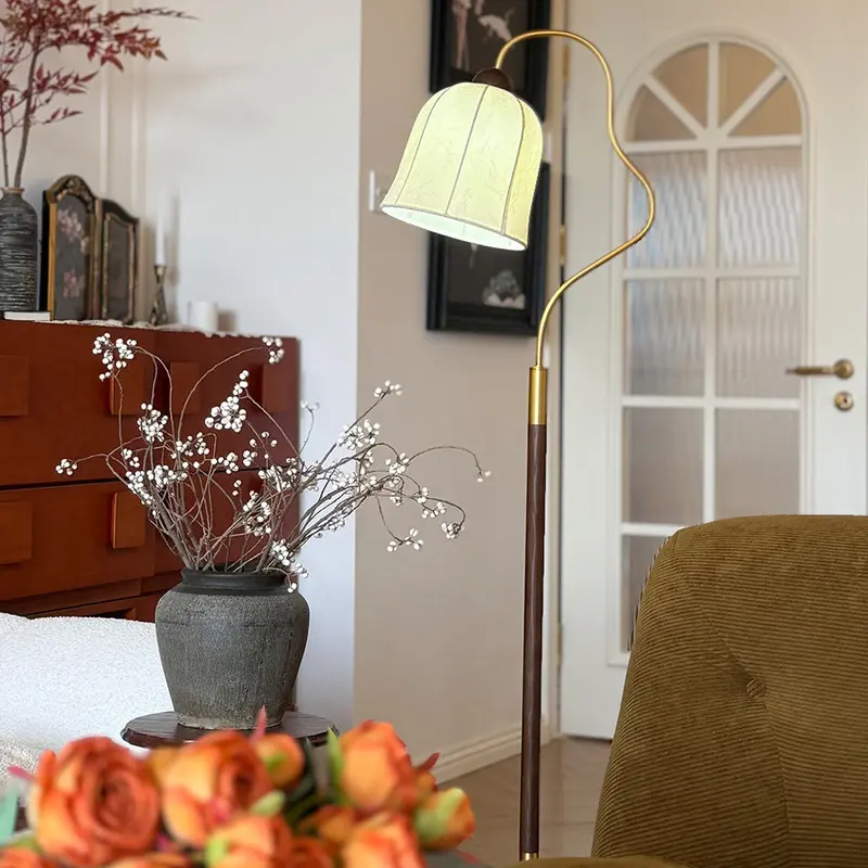 Traditional Vintage Round Curved Wood Fabric 1-Light Standing Floor Lamp For Bedroom