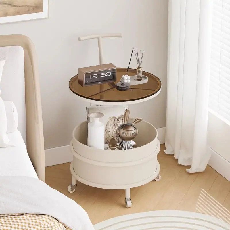 Contemporary Scandinavian Removable Cream Round Cylinder Iron Stainless Steel Glass Side Table 2-Tier For Bedroom
