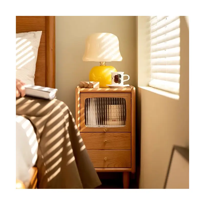 Traditional Japanese Rectangular Wood Nightstand With 3-Drawer For Bedroom