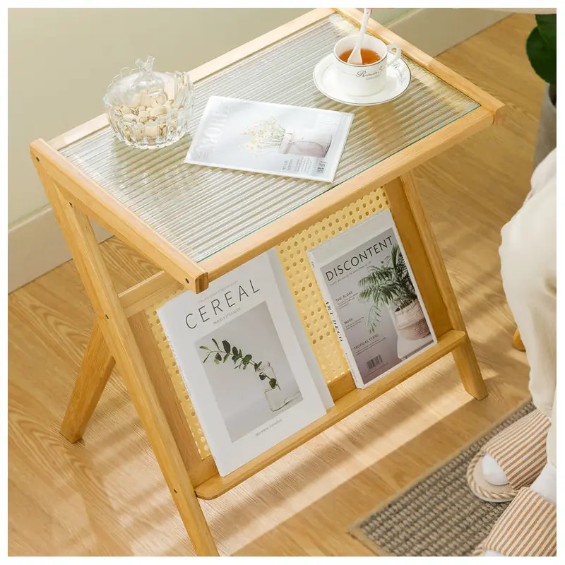 Contemporary Creative Rectangular Geometric Bamboo Glass Side Table 1-Shelf For Living Room