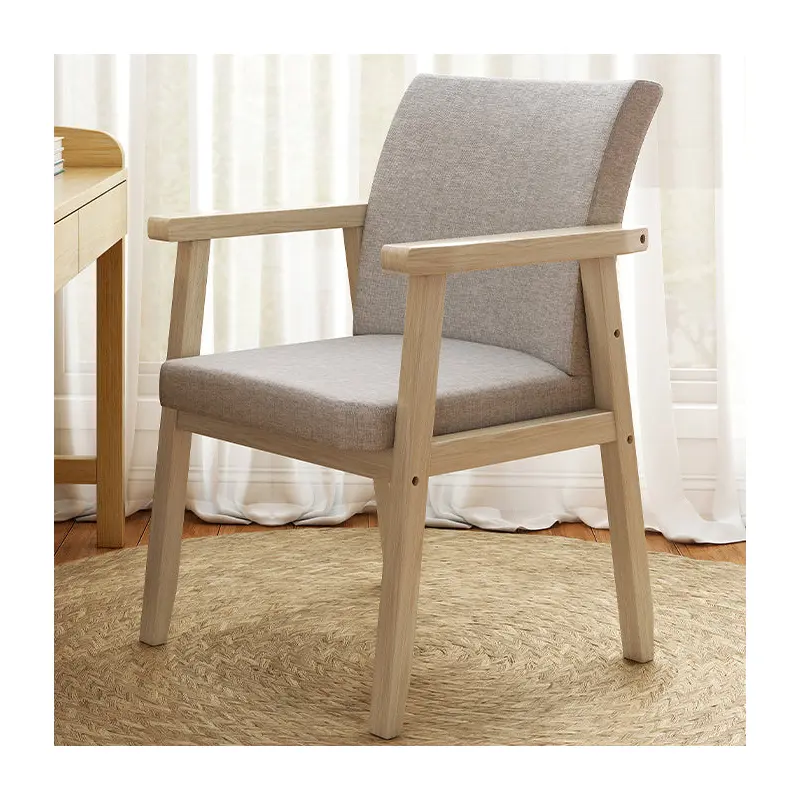 Contemporary Nordic Rubber Wood Fabric Sponge Square Desk Chair Backrest Armrest For Study