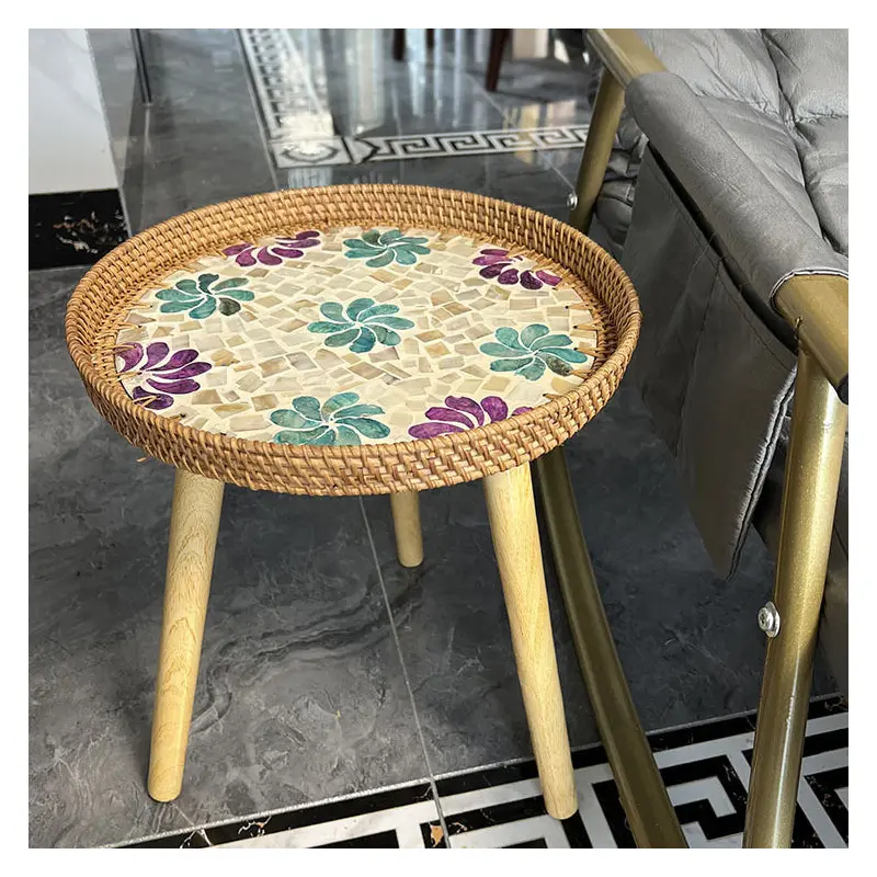 Traditional Rustic Handmade Shell Round Wood Rattan Side Table For Living Room