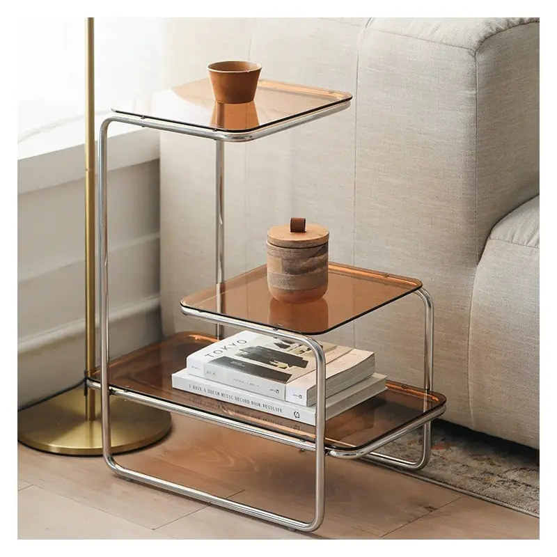 Modern Minimalist Triple Square Stainless Steel Glass End Table For Living Room