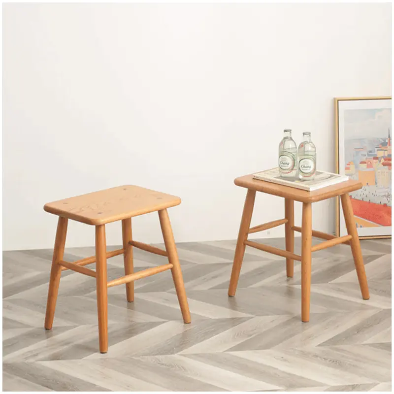 Traditional Japanese Square Wood Chair Footrest Four Legs For Living Room