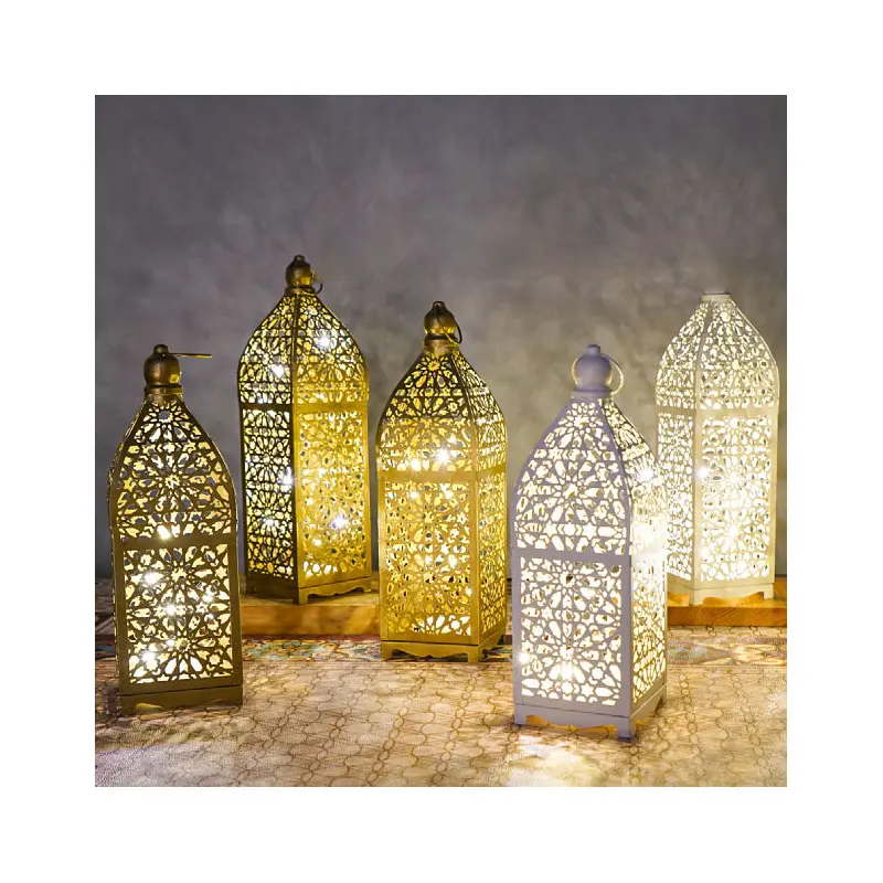 Contemporary Boho Battery Iron Hollowed Lantern Candlestick Decorative LED Table Lamp Night Light For Bedroom