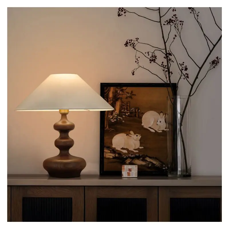 Traditional Vintage Cone Ash Wood Fabric 1-Light Table Lamp For Bedroom