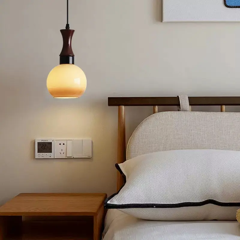 Traditional Vintage Oval Iron Wood Glass 1-Light Pendant Light For Living Room