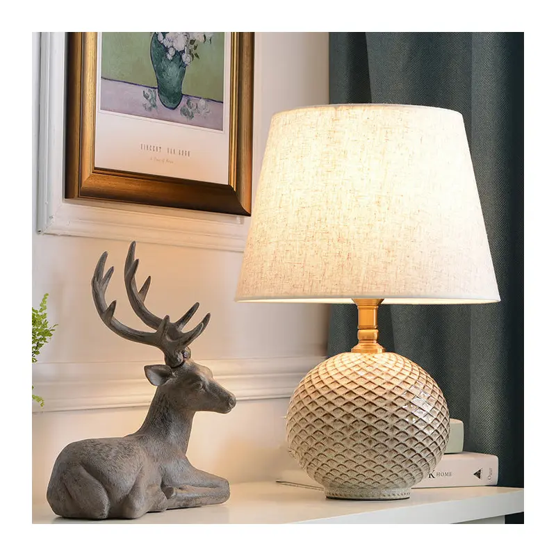 Traditional Vintage Round Base Drum Shape Ceramic Brass Fabric 1-Light Table Lamp For Living Room