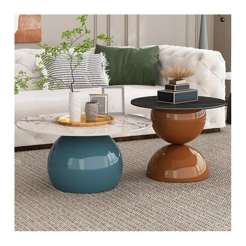 Contemporary Creative Cream Orb Round Half Round Rock Slab Metal End Table 1-Tier For Living Room
