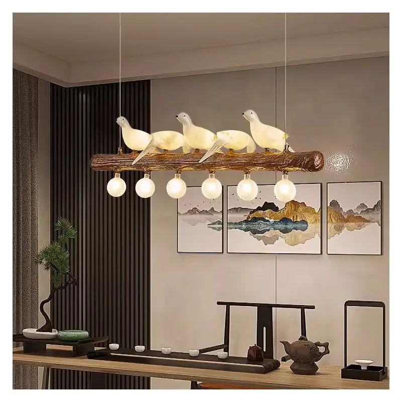 Traditional Vintage Resin Imitation Branch Bird Glass Shade 3/5/8/6/11/17-Light Island Light Chandelier For Living Room