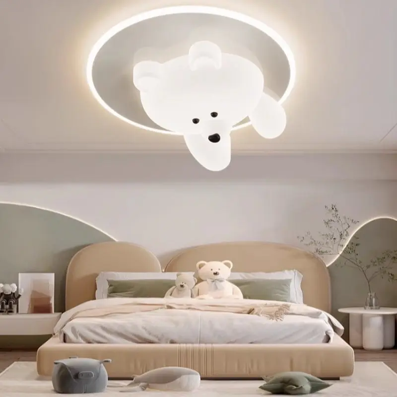 Contemporary Creative Kids Cartoon Bear Round Iron Acrylic LED Flush Mount Ceiling Light For Bedroom
