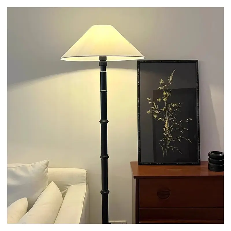 Traditional French Cone Imitation Bamboo Joint Base Wood Fabric 1-Light Standing Floor Lamp For Living Room