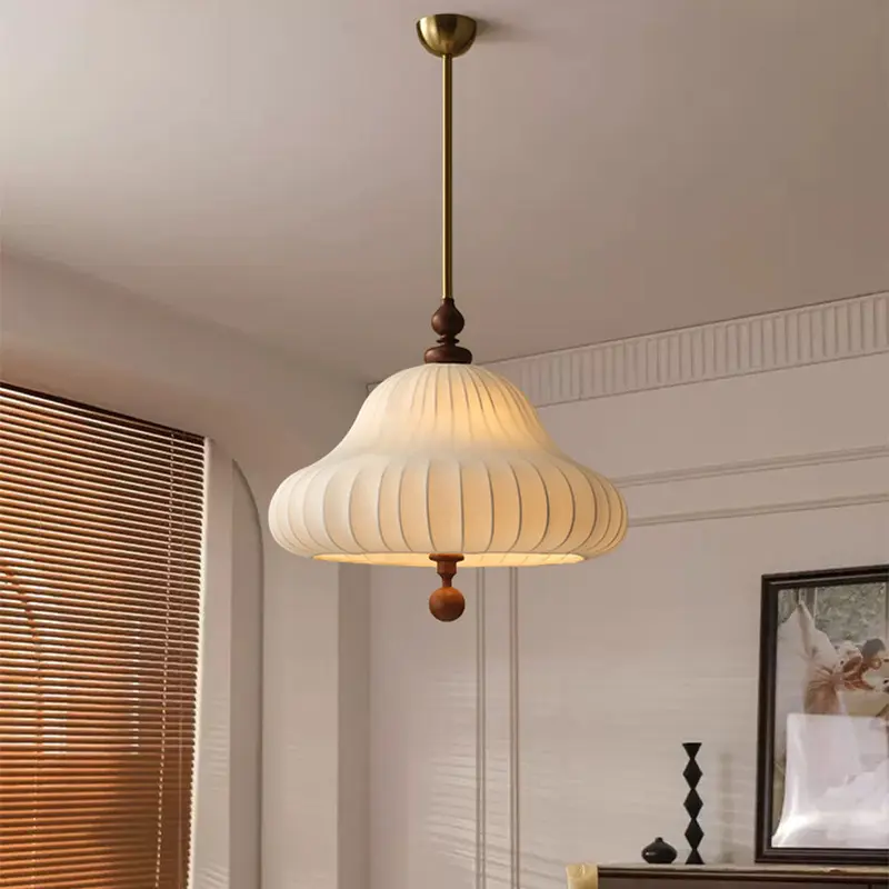 Traditional Vintage Imitation Silk Round Shade Ash Wood 1-Light Pendant Light For Living Room