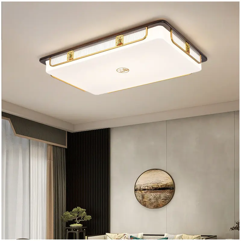 Traditional Chinese Sandalwood Hardware Stainless Steel Acrylic Rectangular Square Round Cymbidium LED Flush Mount Ceiling Light For Living Room
