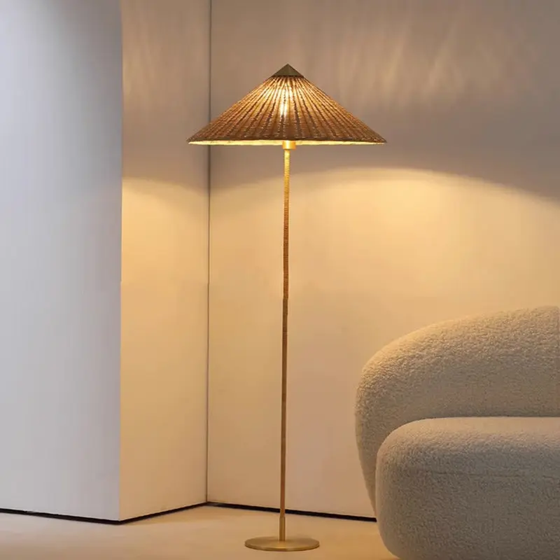 Modern Minimalist Umbrella Cone Iron Bamboo Fabric 3-Light Standing Floor Lamp For Living Room