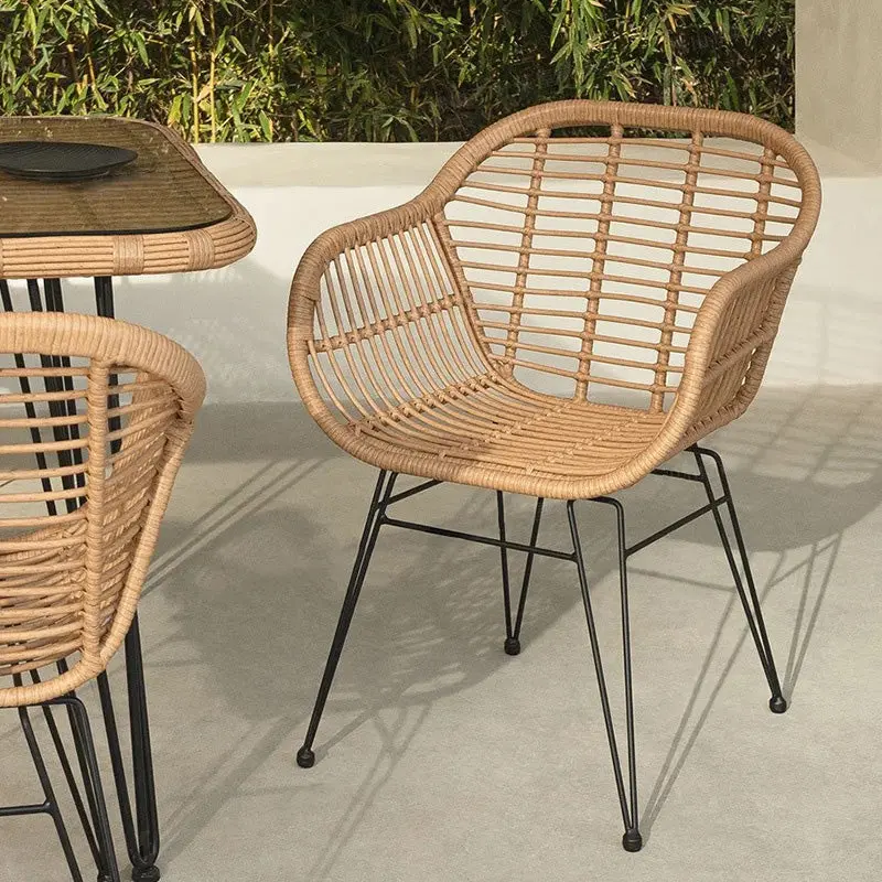 Traditional Farmhouse Rattan Weaving Iron Base Chair Armrest Backrest For Outdoor Patio
