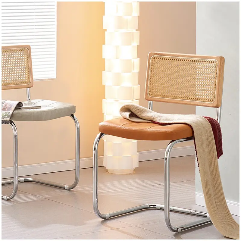 Contemporary Vintage Square Rattan Leather Iron Chair Backrest For Living Room