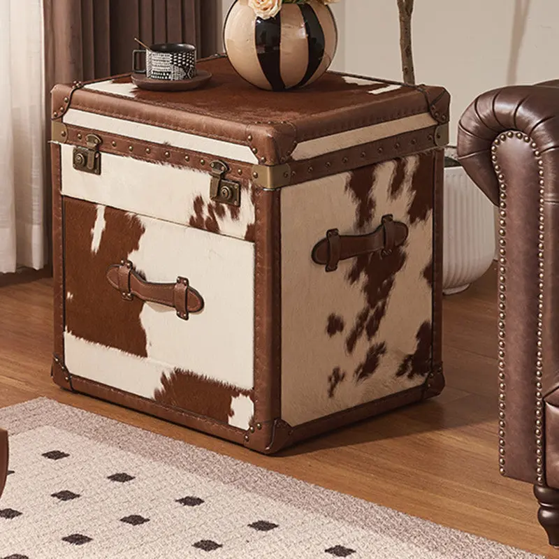 Traditional Vintage Cow Square Wood Top-Grain Full Aniline Leather Veneer End Table 2-Tier For Living Room