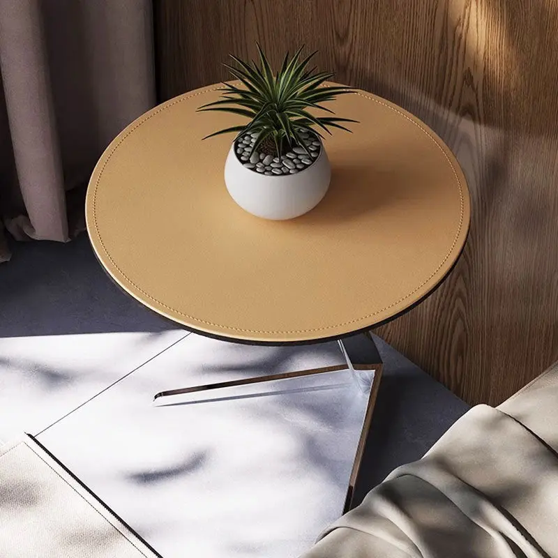 Modern Minimalist Round Saddle Leather Steel End Table For Living Room