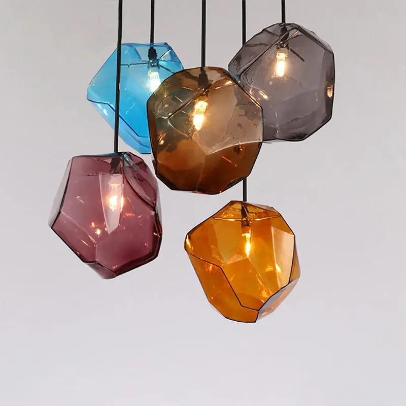 Traditional Vintage Irregular Stone Shape Glass Metal 1-Light Pendant Light For Living Room