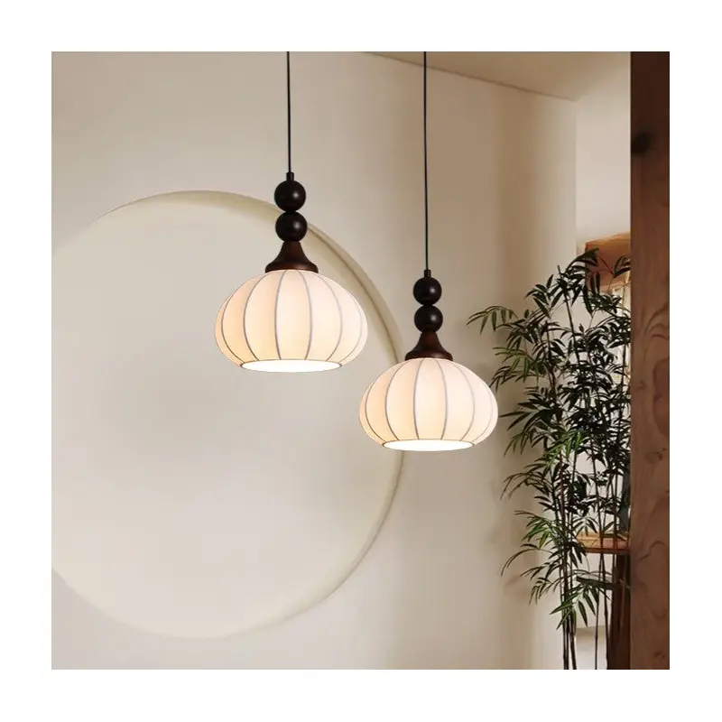 Traditional Vintage Round Ball Bead Silk Shade Wooden Iron 1-Light Pendant Light For Living Room