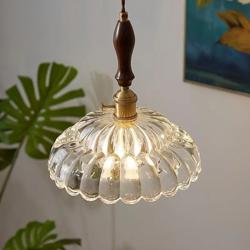 Traditional Vintage Round Floral Glass Shade Wood Brass 1-Light Pendant Light For Living Room