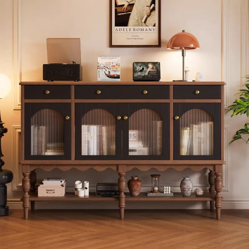 Modern Minimalist Rectangular Solid Wood Glass Side Table 3-Drawer For Living Room