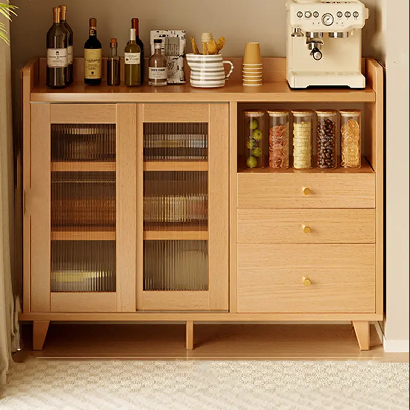 Traditional Japanese Rectangular Medium Density Fiberboard Glass Side Table 1-Cabinet For Living Room