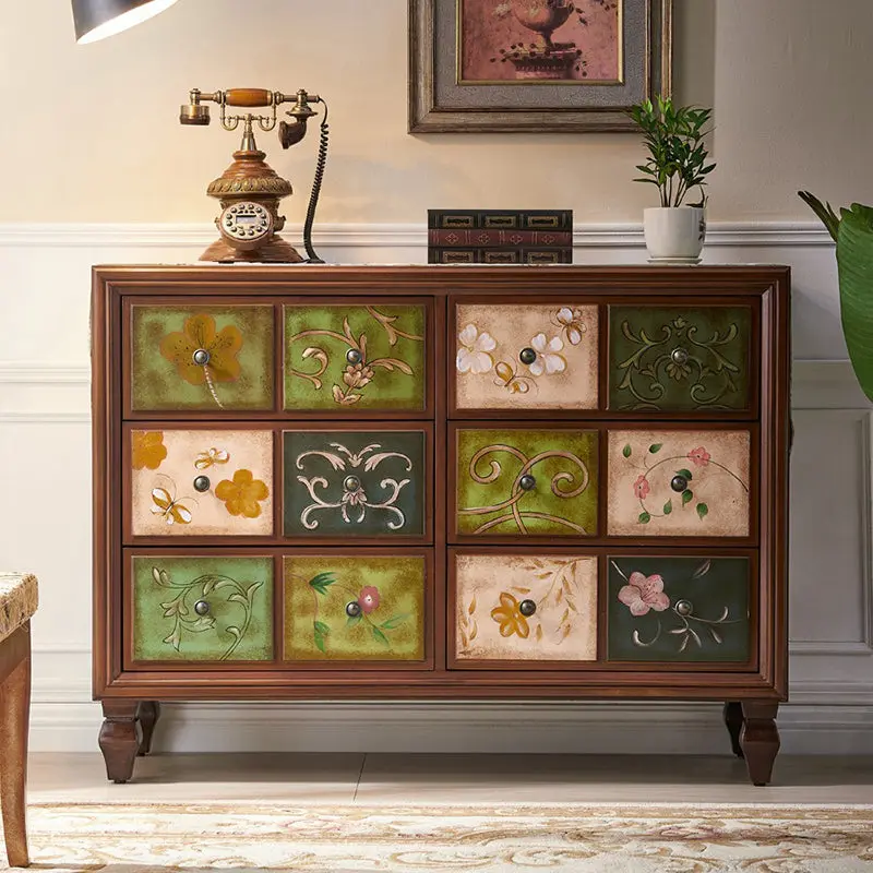 Traditional Vintage Rectangular Medium Density Fiberboard Solid Wood Side Table 6-Drawer For Living Room