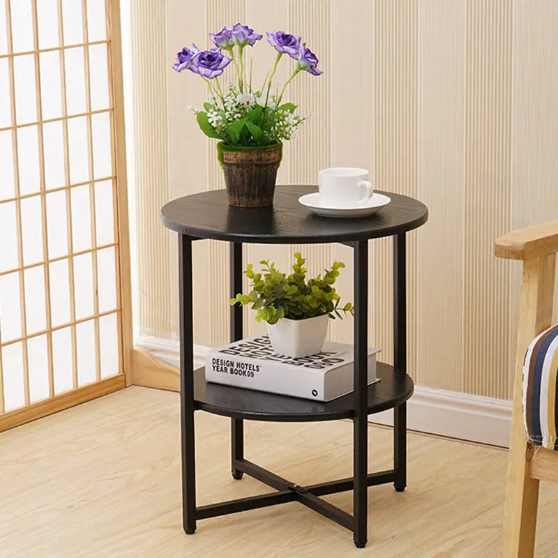Modern Minimalist Round Medium Density Fiberboard Iron End Table 4-Leg 2-Tier For Living Room