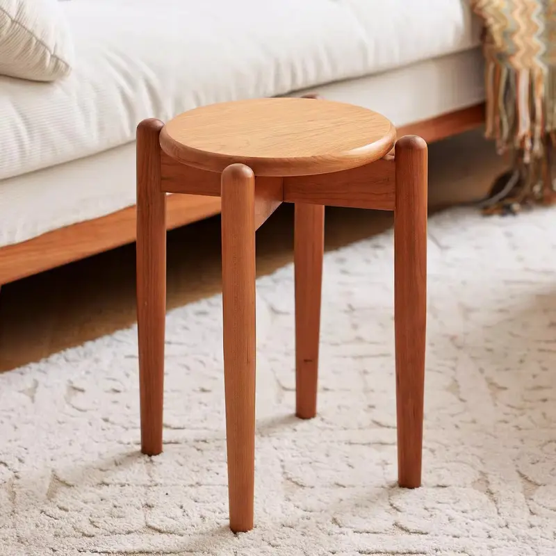 Modern Minimalist Cherry Wood Round Low Stool For Living Room