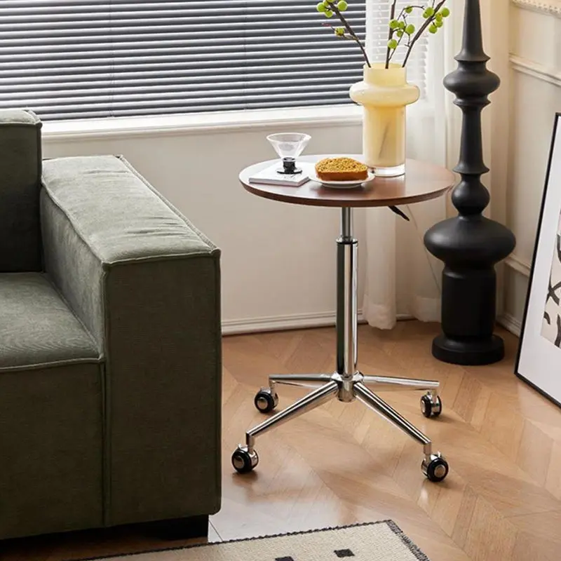 Modern Minimalist Round Medium-Density Fiberboard Carbon Steel Height-Adjustable Movable Side Table For Living Room