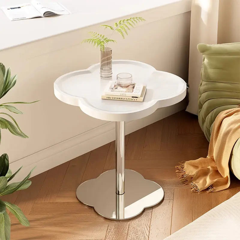 Contemporary Scandinavian Square Medium-Density Fiberboard Tempered Glass Stainless Steel Iron Quatrefoil-Shaped Side Table For Living Room