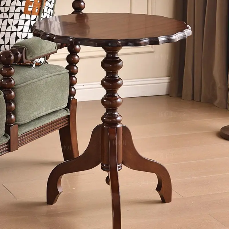 Traditional European Round Multi-Layer Solid Wood Rubberwood Solid Wood Side Table For Living Room