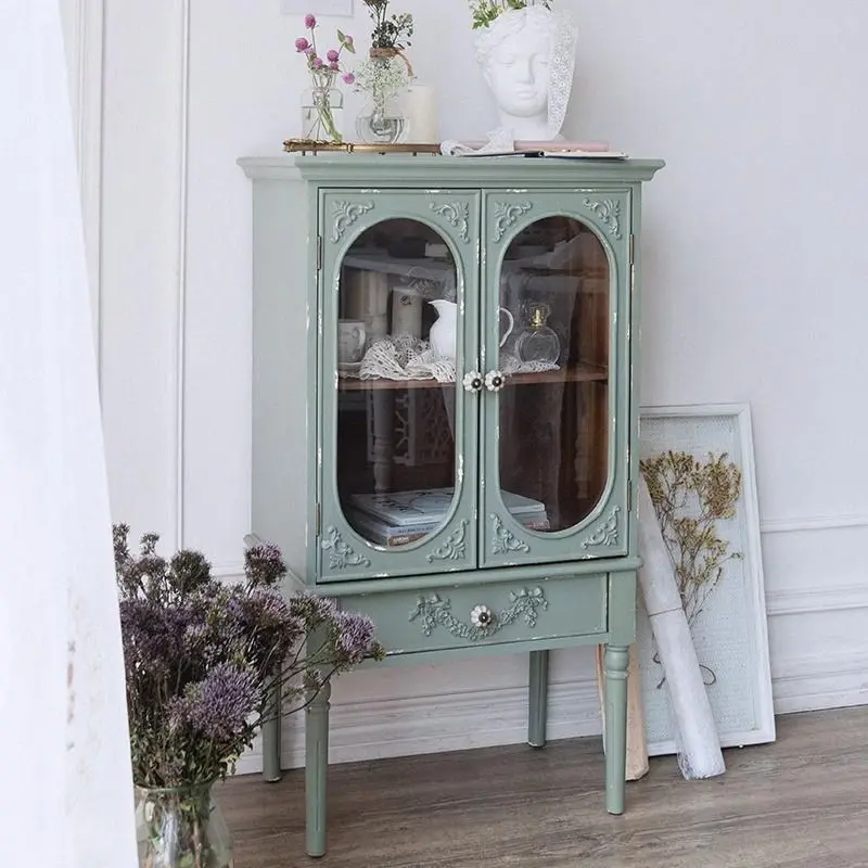 Traditional French Carved Design Rectangular Solid Wood Medium Density Fiberboard Glass Side Table 1-Cabinet For Living Room