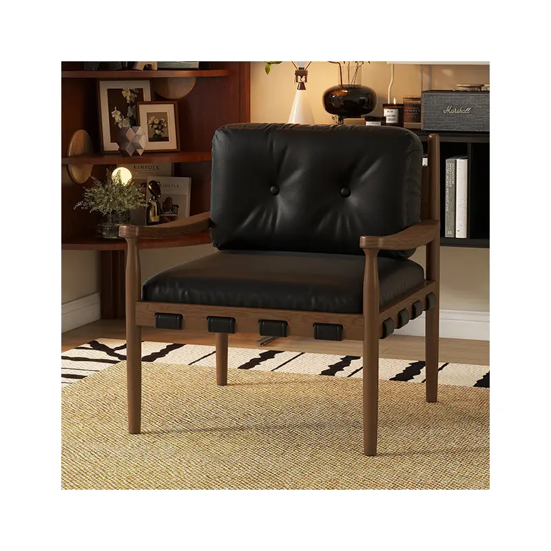 Traditional Vintage Square Rectangular Cat Scratch Leather Rubberwood Removable Accent Chair Backrest Armrest For Living Room