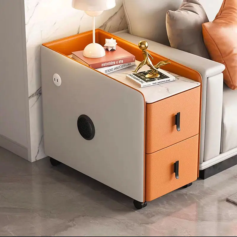 Modern Minimalist Rectangular Multi-layer Board Cat-Scratch Resistant Leather Stone Slab Solid Wood End Table 2-Drawer Movable For Living Room