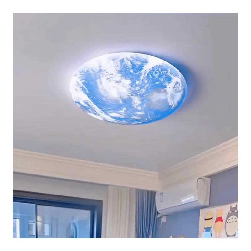 Contemporary Creative Moon Earth Semicircle Solid Wood Iron Acrylic LED Flush Mount Ceiling Light For Bedroom